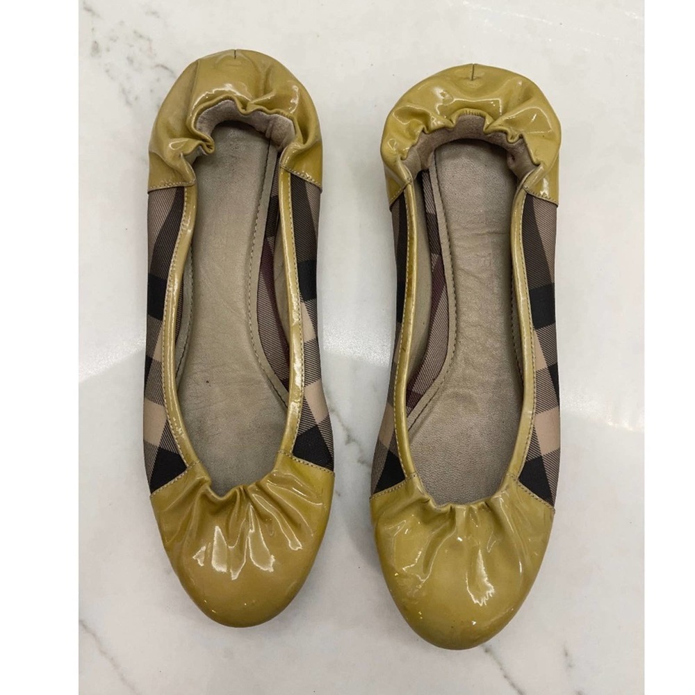 Burberry Patent Leather & Nova Check Coated Canvas Scrunch Ballet Flats